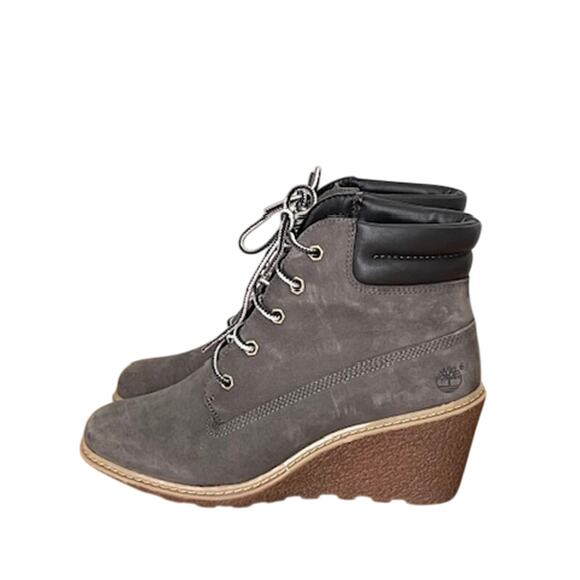 Timberland Wedge Bootie Nubuck Leather Gray Ankle Boots - Picture 4 of 11